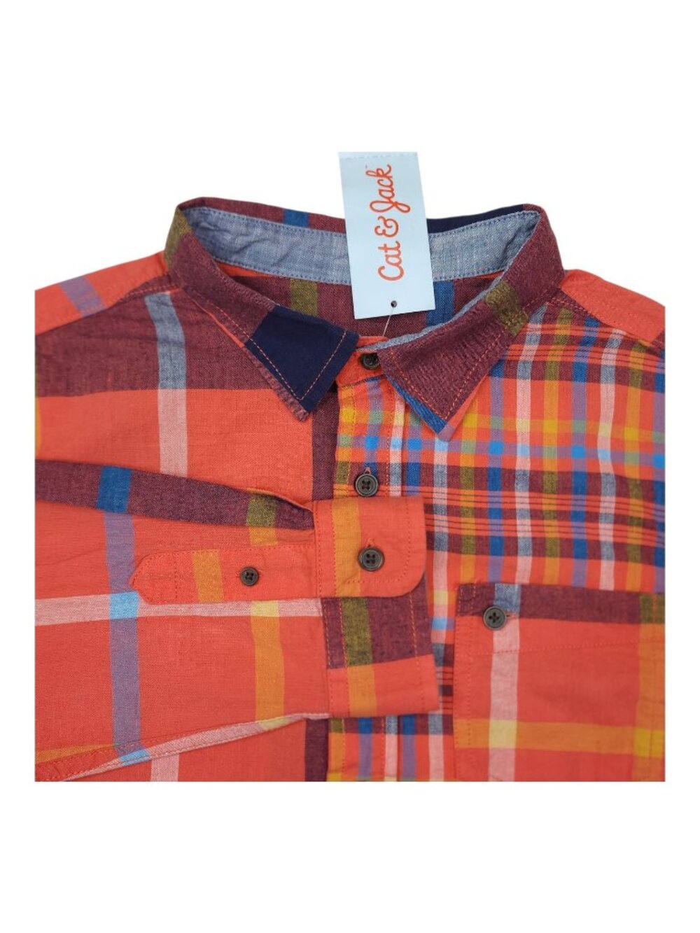 Cat & Jack Boys L 12/14 Husky Red Plaid Long Sleeve Button-Down Shirt